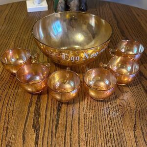 Jeanette Marigold Carnival iridescent orange egg nog glass bowl glasses